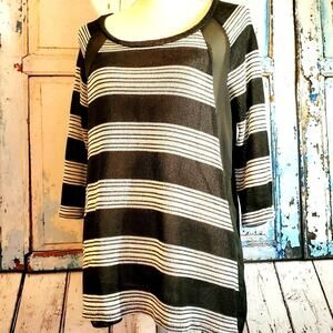 AB Studio Knit Top Size M Black & White Stripes Sheer Back & Details Boho